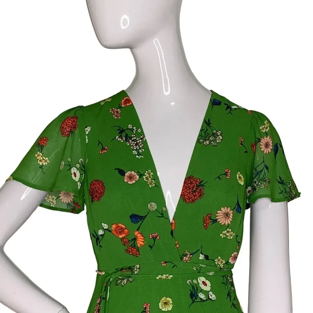 Forever 21 NWT Wrap Dress Floral Print Short Sleeve Green/Coral/Blue Size S